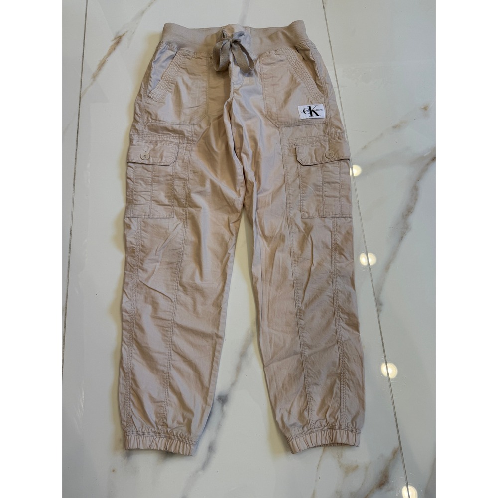 Calvin Klein Jeans Womens XS Tan Beige Cargo Jogger Pants Elastic‎ Waist Utility